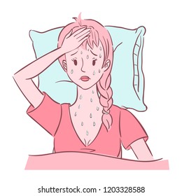 Illustration Of Unhappy Young Woman Lying In A Bed. She Experienced Night Sweats