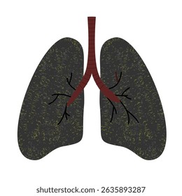 Illustration of unhealthy lungs in dark grey or black 
    tones due to smoke, with ash and yellow stains. 
    Minimalist style, flat art design.