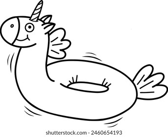 Illustration of a unicorn bathing circle. Unicorn bathing circle. Vector illustration of an inflatable swimming toy highlighted on a white background. Black and white hand-drawn illustration.