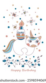 Illustration of a unicorn carrying a cake, Unicorn Greeting Card, Colorful tender congratulations