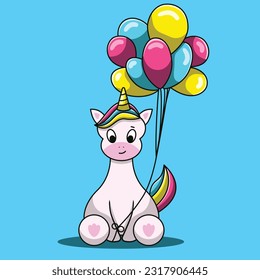 Illustration of Unicorn cartoon. Vector fantasy illustration. Beautiful unicorn with balloons illustration, vector.