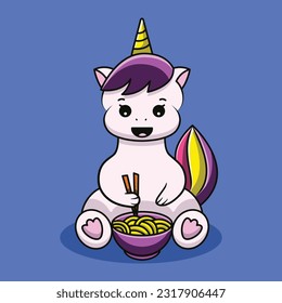 Illustration of Unicorn cartoon. Vector fantasy illustration. cute Unicorn eating noodles illustration, vector.