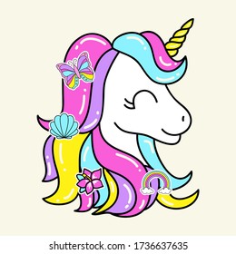 ILLUSTRATION OF A UNICORN WITH COLORSUL HAIR, UNICORN WITH THINGS LIKE A BUTTERFLY, SHELL, FLOWER AND A RAINBOW, SLOGAN PRINT VECTOR