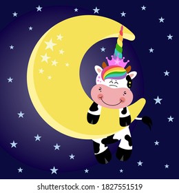 Illustration of unicorn cow hanging on moon in sky