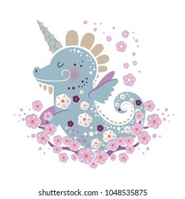 Illustration of unicorn dragon with floral decor in cartoon style. Ideal for baby posters, spring season greetings, invitations, textile prints, birthday design, package design, nursery