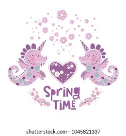Illustration of unicorn dragons with floral decor, branches of cherry blossom, heart and text Spring time. Ideal for baby posters, spring season greetings, invitations, textile prints