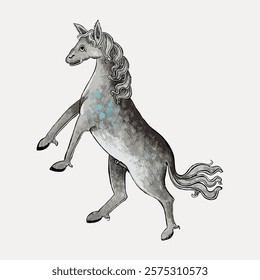 Illustration of a unicorn with a flowing mane and tail. The unicorn stands on its hind legs, showcasing its mythical and magical nature. Unicorn art with a whimsical touch, vector element.