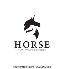 Illustration Unicorn head silhouette with sharp horns logo design.