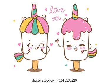 Illustration of Unicorn ice cream cartoon love you valentines day,Kawaii pony cartoon, Summer holiday, white background sweet Pastel color: Perfect for kids greeting card design and Print for t-shirt.