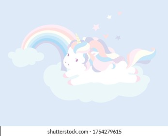 Illustration unicorn lay down on the cloud with rainbow