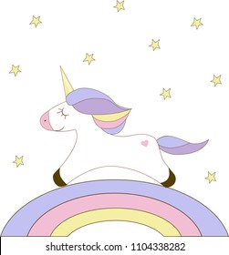 illustration of a unicorn on a rainbow on a white background with stars