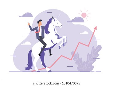 An illustration of Unicorn symbol of success. Business startup concept. Businessman and a unicorn looking at the goal, Achievement, Leadership