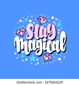 Illustration of Unicorn theme. Vector lettering. Design for cards, clothes and other