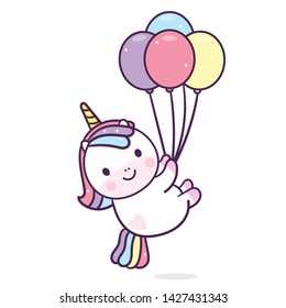 Illustration of Unicorn vector with balloon (Vector) Happy birthday party Pastel color (Funny expressions): Kawaii pony cartoon, Nursery decoration, fairytale character in Flat style design for kids