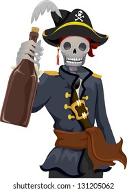 Illustration of a Uniformed Pirate Holding a Bottle of Rhum