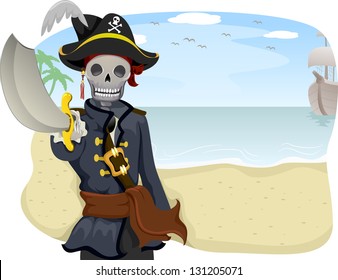 Illustration of a Uniformed Pirate Pointing with His Sword Raised