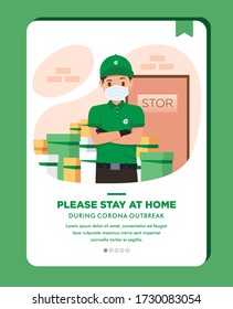 Illustration of a uniformed worker handling orders to be sent to customers during corona outbreak with wearing mask and glove. Please stay at home. Flat design.