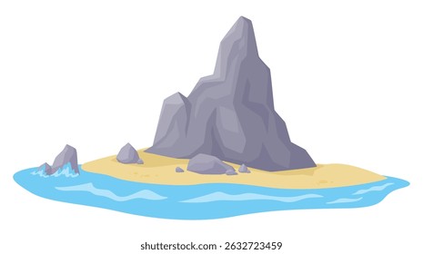 Illustration of an uninhabited rocky island surrounded by sea and sandy beach, captured in flat vector illustration style