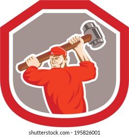 Illustration of a union worker striking using smashhammer hammer done in retro style set inside shield crest on isolated white background.