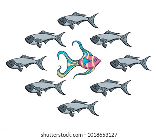 Illustration Of Unique Fish Swimming Upstream