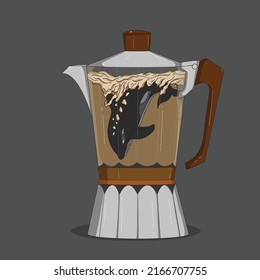 illustration of unique mocha pot with whale for caffe decoration or product gasket