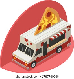 Illustration of unique pizza truck with a pizza statue as a symbol on the truck