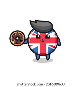 illustration of an united kingdom flag badge character eating a doughnut , cute style design for t shirt, sticker, logo element
