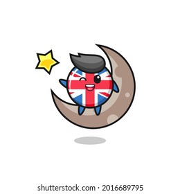 illustration of united kingdom flag badge cartoon sitting on the half moon , cute style design for t shirt, sticker, logo element
