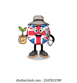 Illustration of united kingdom flag cartoon holding a plant seed , character design