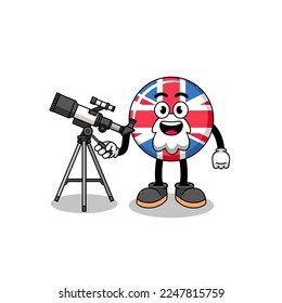 Illustration of united kingdom flag mascot as an astronomer , character design