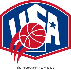 Illustration of a United States basketball ball with American star and words USA set inside shield on isolated white background.