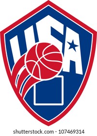 Illustration of a United States basketball ball with American star and words USA set inside shield on isolated white background.