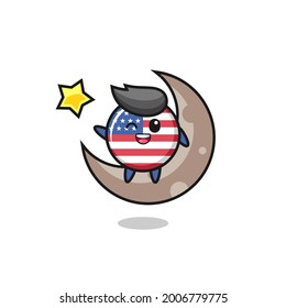 illustration of united states flag badge cartoon sitting on the half moon , cute style design for t shirt, sticker, logo element