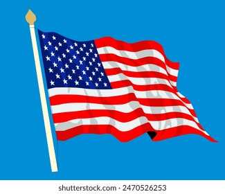 illustration of the United States flag flying with a blue background