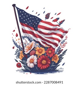 Ilustración de una bandera de los Estados Unidos con cachorros rojos en primer plano, perfecta para los diseños del Día de la Memoria.