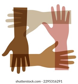 Illustration of unity and cooperation in the teamwork of peoples. A group of people hold hands.