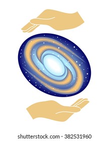 the illustration with the universe and space in hands.