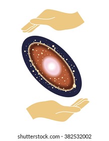 the illustration with the universe and space in hands.