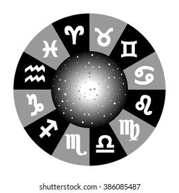 the illustration with the universe and the zodiac.