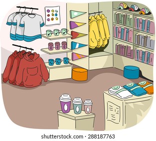 Illustration Of A University Store Filled With Sports Related Merchandise