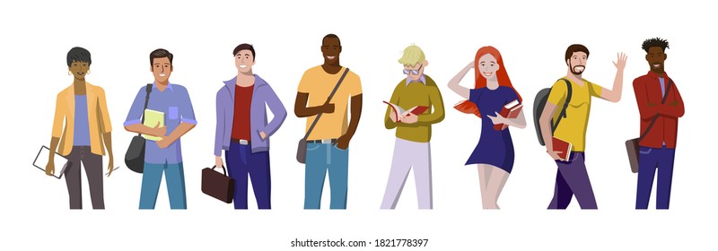 Illustration of University students in a flat style. A group of young smiling people with books, bags and backpacks of various races and nationalities.