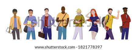 Illustration of University students in a flat style. A group of young smiling people with books, bags and backpacks of various races and nationalities.