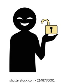 Illustration of an unlocked image of a black suspicious figure with an open key