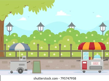 Illustration of Unmanned Burger Carts in the City Park with a Tree, Shrubs and City Lights