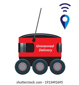 Illustration of an unmanned delivery service car. GPS icon, vector.