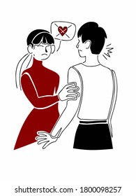 Illustration - unrequited love and rejection. Broken heart. For articles, websites and typography. Flat style. Minimalism.