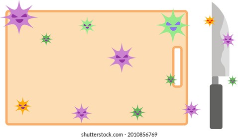 Illustration of unsanitary cutting board and kitchen knife with a lot of bacteria