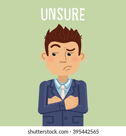 Illustration Of An Unsure Businessman. Emotion, Emoticon, Emoji, Facial Expression, Bored Face, Suspicious. Flat Style Vector Illustration