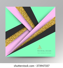 Illustration of unusual modern material design background. Bright  Modern template, abstract geometric composition in glitter Gold, pink and green colors. Abstract Illustration.  