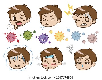 Illustration of an unwell boy and virus